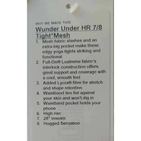 NWT LULULEMON Wunder Under HR 7/8 (28") Tight Mesh Sz8 White - Picture 7 of 7